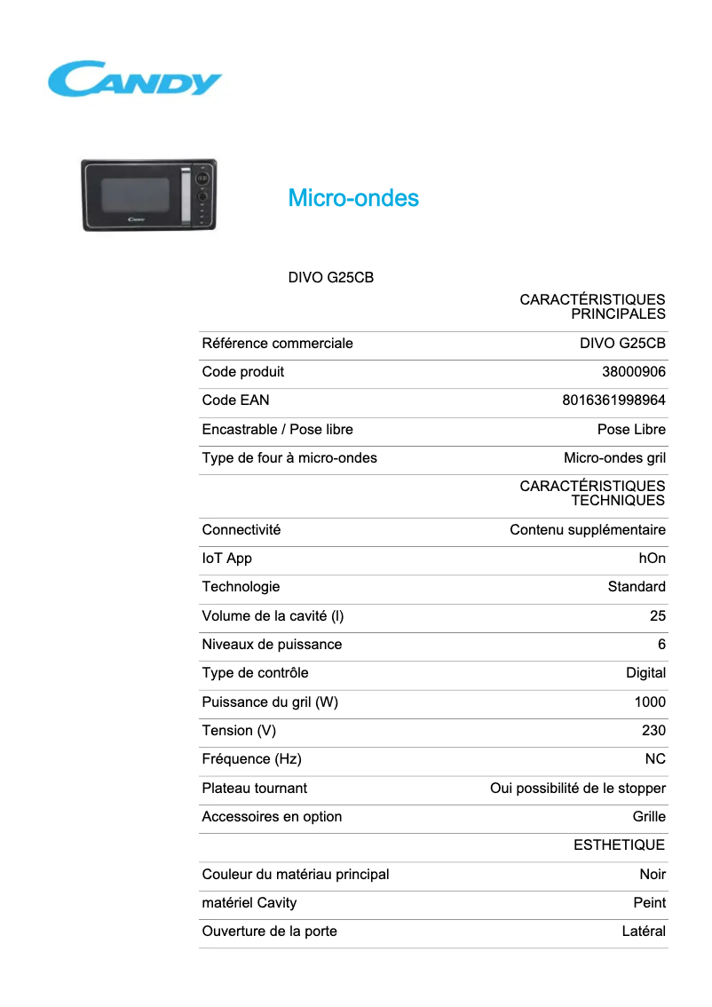 Page 1 de la notice Fiche technique Candy DIVO G25CB