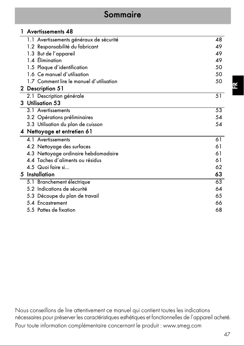 Page 1 de la notice Manuel utilisateur Smeg SI5322B