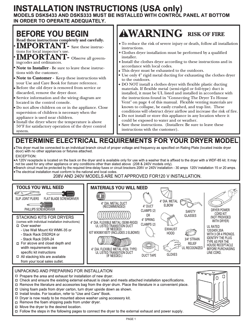 Page 1 de la notice Guide d'installation GE DSKS433ETAB