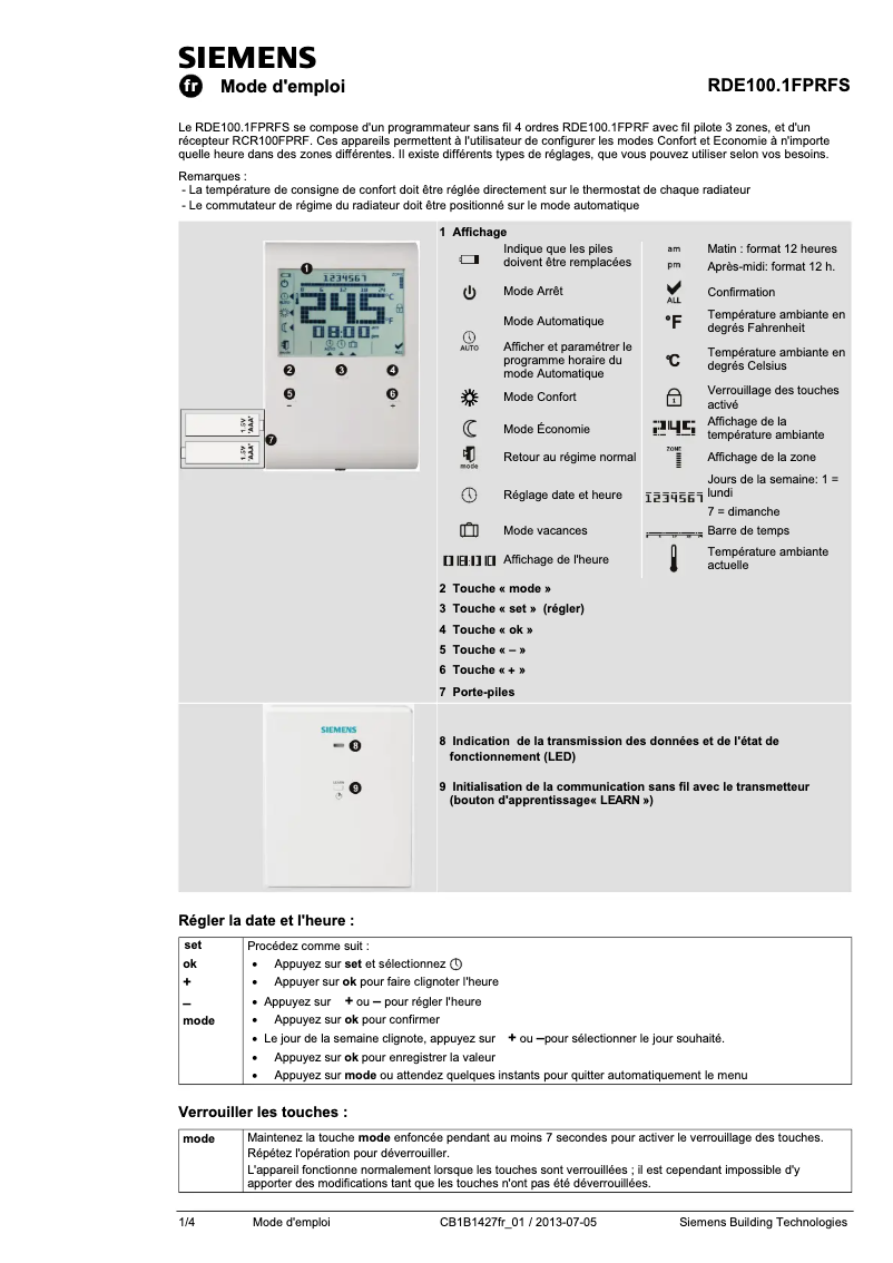 Page 1 de la notice Manuel utilisateur Siemens RDE100.1FPRFS