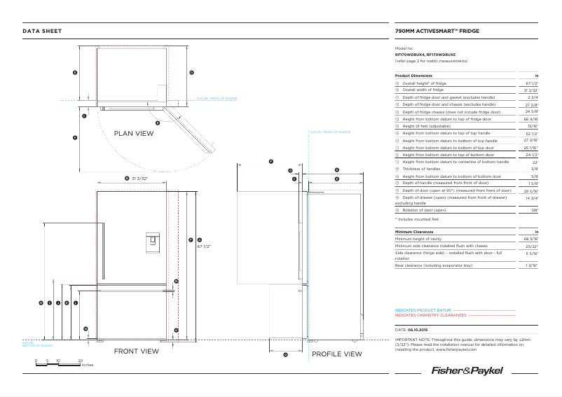 Page 1 de la notice Fiche technique Fisher & Paykel RF170WRKUX6