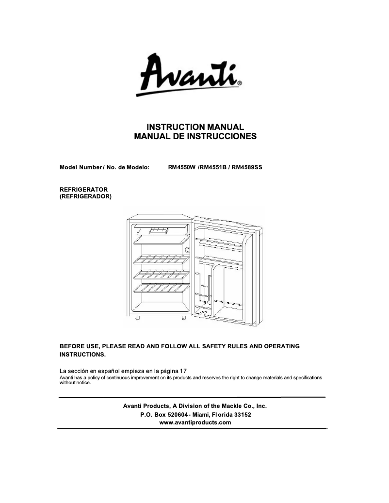 Page 1 de la notice Manuel utilisateur Avanti RM4550W