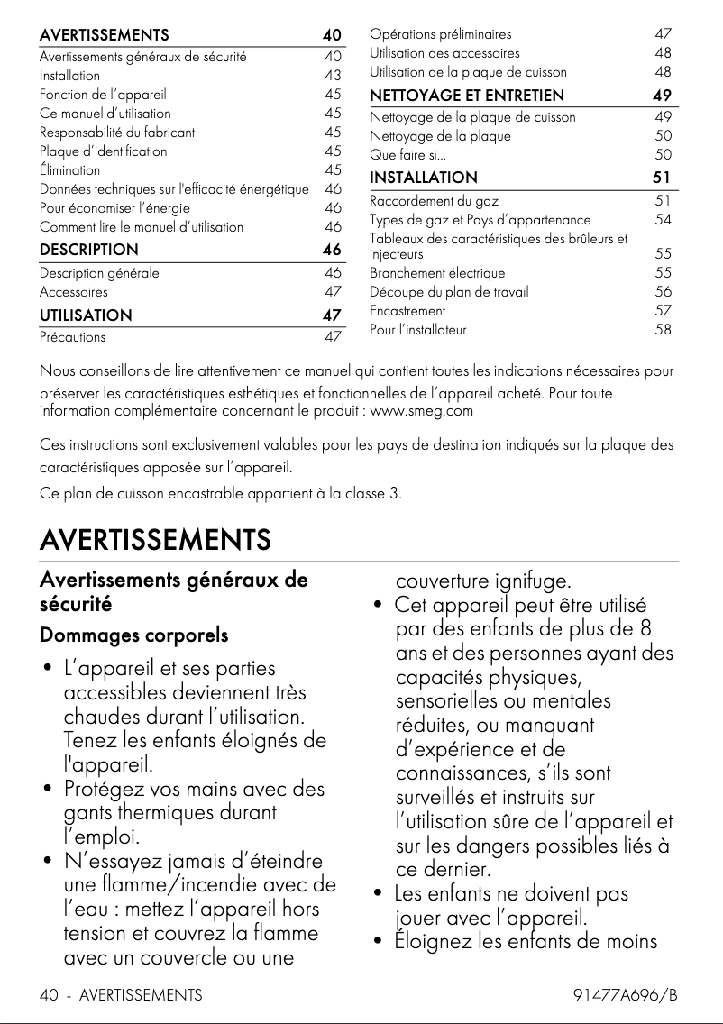 Page 1 de la notice Informations de garantie Smeg PS9062
