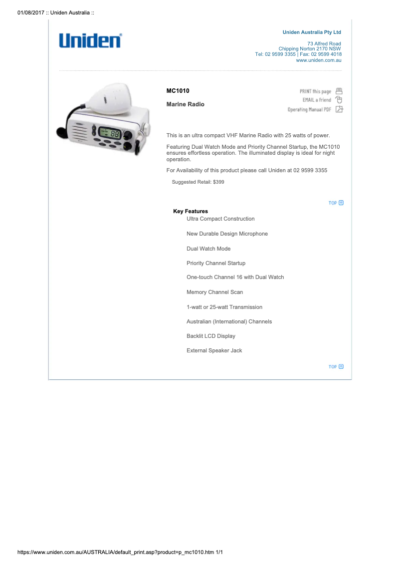 Page 1 de la notice Manuel utilisateur Uniden MC1010
