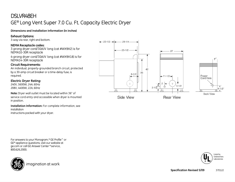 Page 1 de la notice Fiche technique GE DSLVR48EHWW