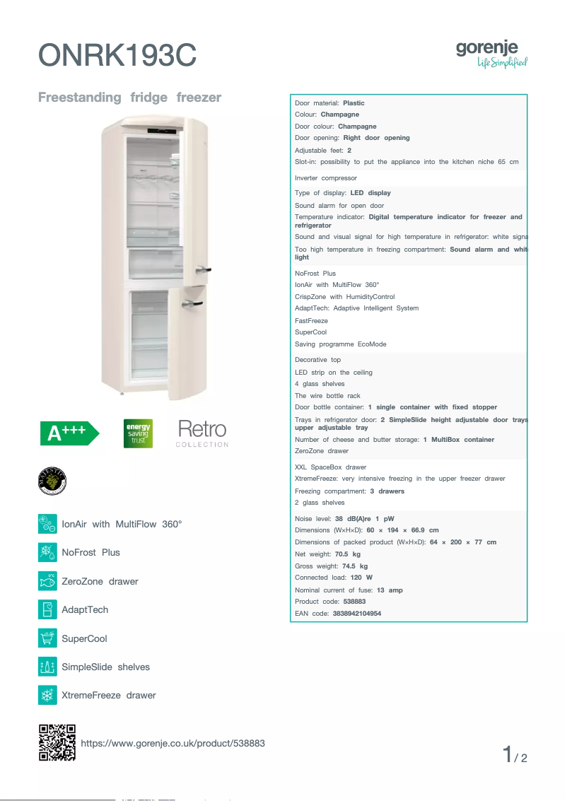 Page n°1 - Fiche technique Gorenje ONRK193C