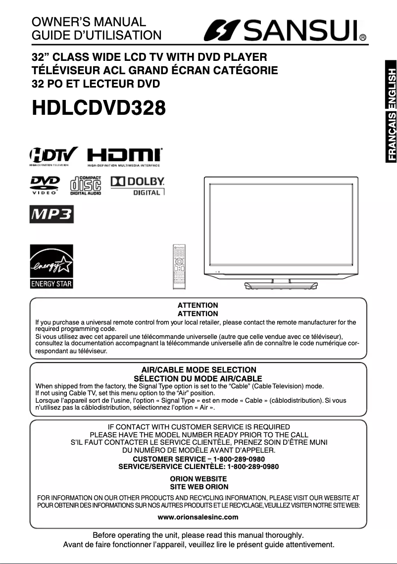 Image de la première page du manuel de l'appareil HDLCDVD328