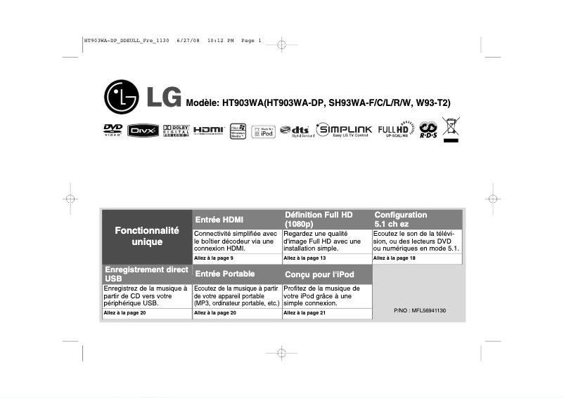 Page 1 de la notice Manuel utilisateur LG HT903WA
