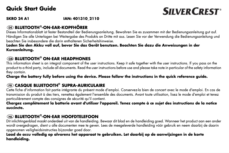Page n°1 - Manuel utilisateur SilverCrest SKRO 24 A1