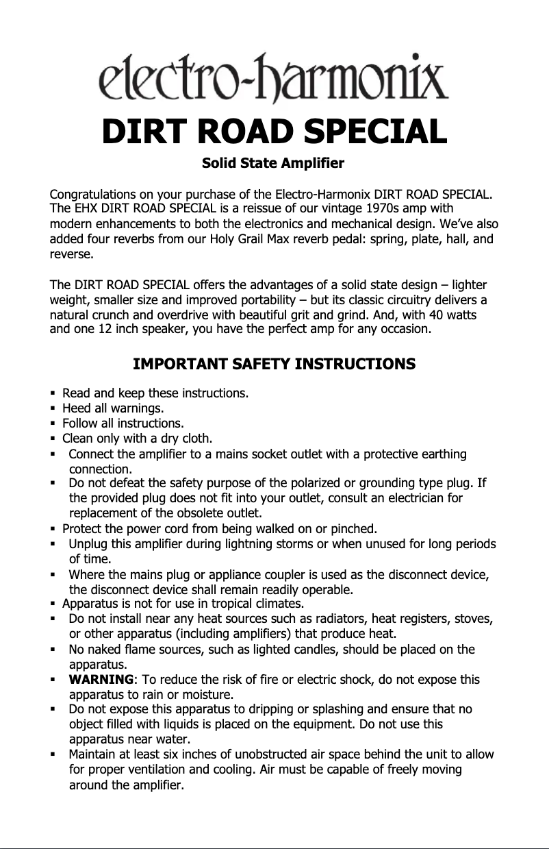 Página 1 del manual Manual de usuario Electro Harmonix Dirt Road Special