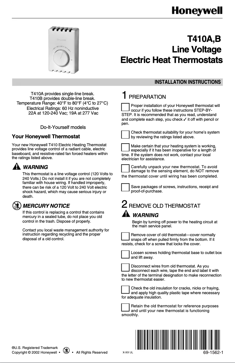 Page 1 of the manual Installation Guide Honeywell T410B