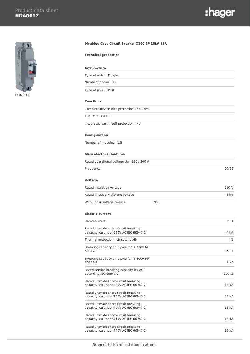 Page 1 de la notice Fiche technique Hager HDA061Z