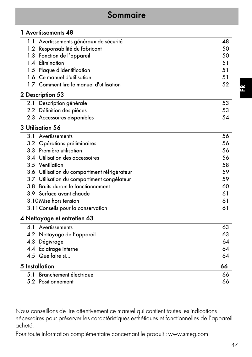 Page 1 de la notice Manuel utilisateur Smeg FAB28RDBB3