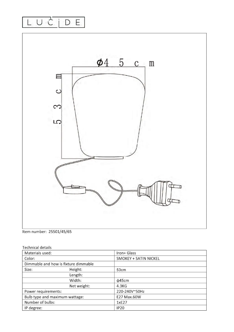 Page 1 de la notice Manuel utilisateur Lucide Glorio 25501/45/65