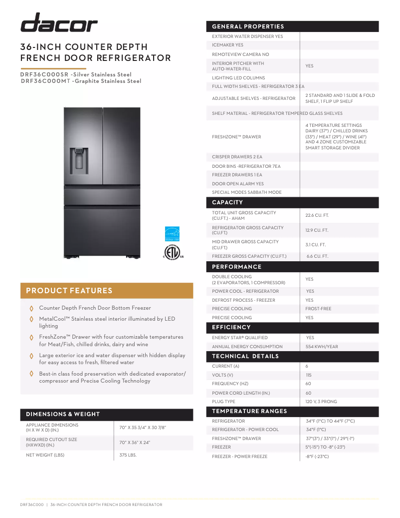 Page n°1 - Fiche technique Dacor DRF36C000SR