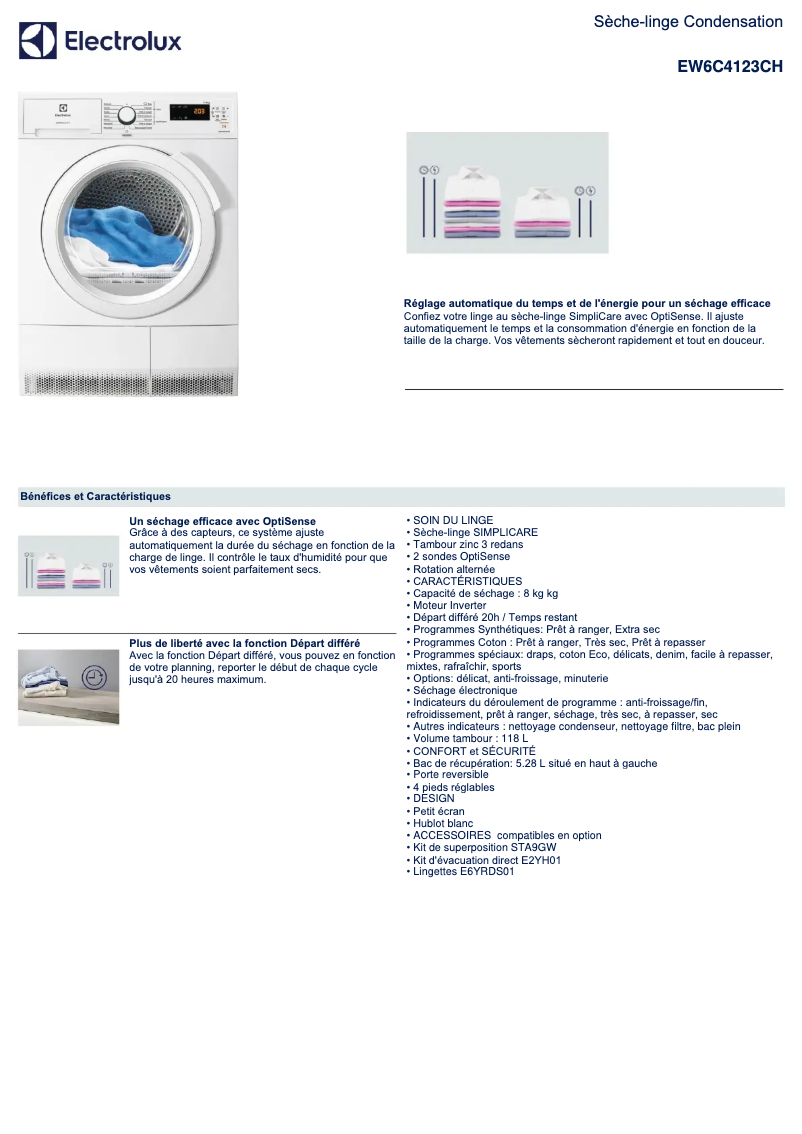 Page 1 de la notice Fiche technique Electrolux EW6C4123CH