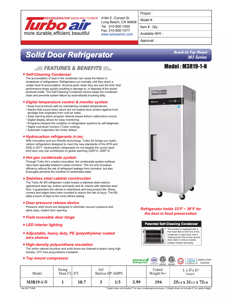 Page 1 de la notice Fiche technique Turbo air M3R19-1