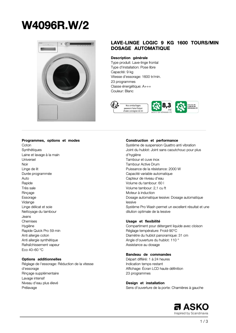 Página 1 del manual Ficha técnica Asko W4096RW2