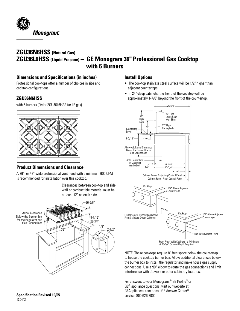 Page 1 de la notice Fiche technique GE ZGU36L6HSS