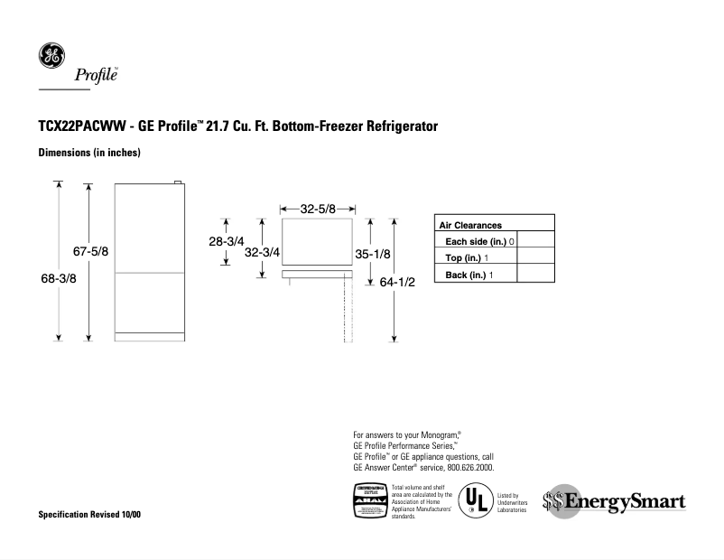 Page n°1 - Fiche technique GE Profile TCX22PACWW