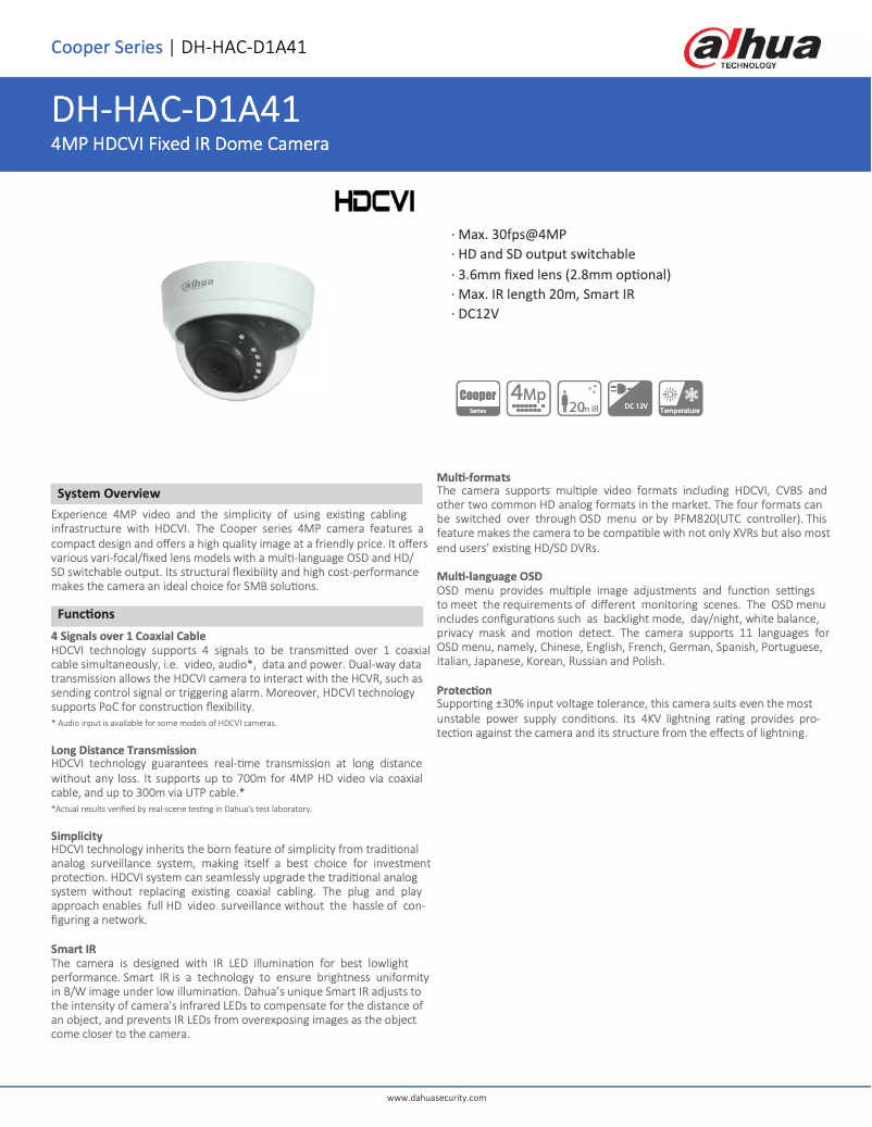 Page 1 de la notice Fiche technique Dahua Technology HAC-D1A41