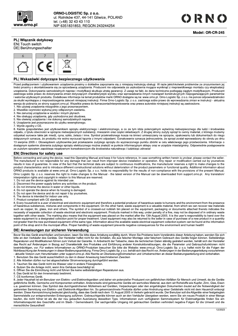 Image de la première page du manuel de l'appareil OR-CR-245