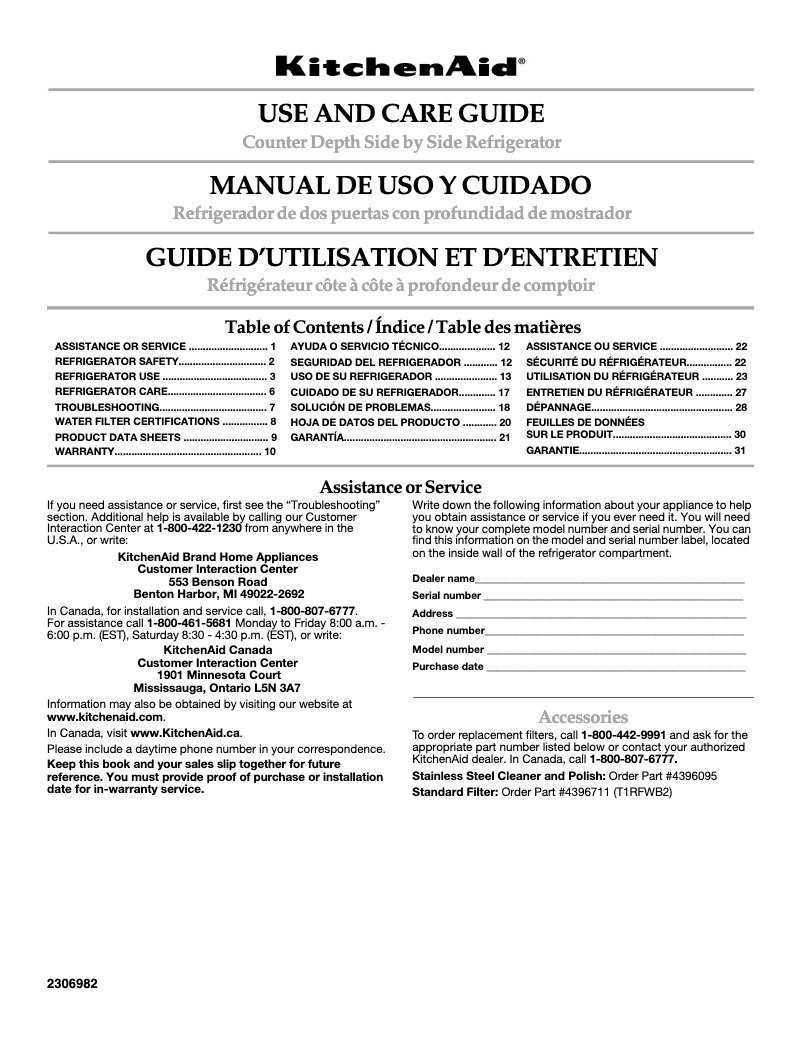 Page 1 de la notice Manuel utilisateur KitchenAid Architect KSCS23INWH