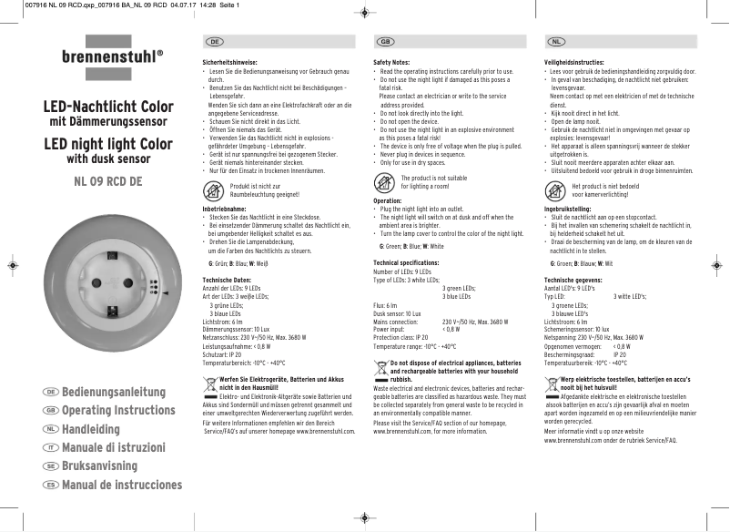 Page n°1 - Manuel utilisateur Brennenstuhl NL 09 RCD DE