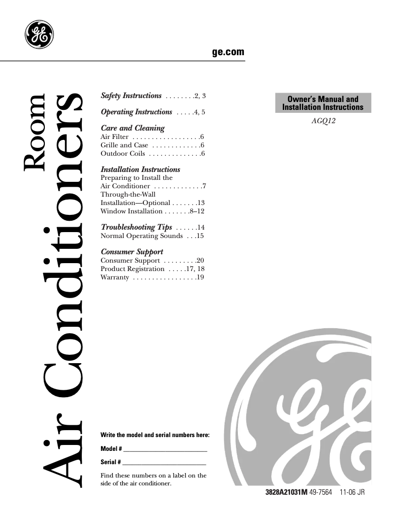 Page n°1 - Guide d'installation GE AGQ12DK