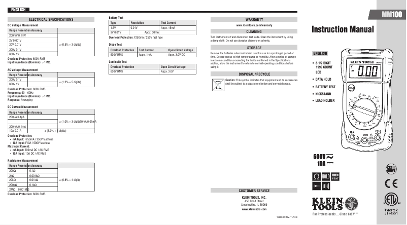 Page n°1 - Manuel utilisateur Klein Tools MM100
