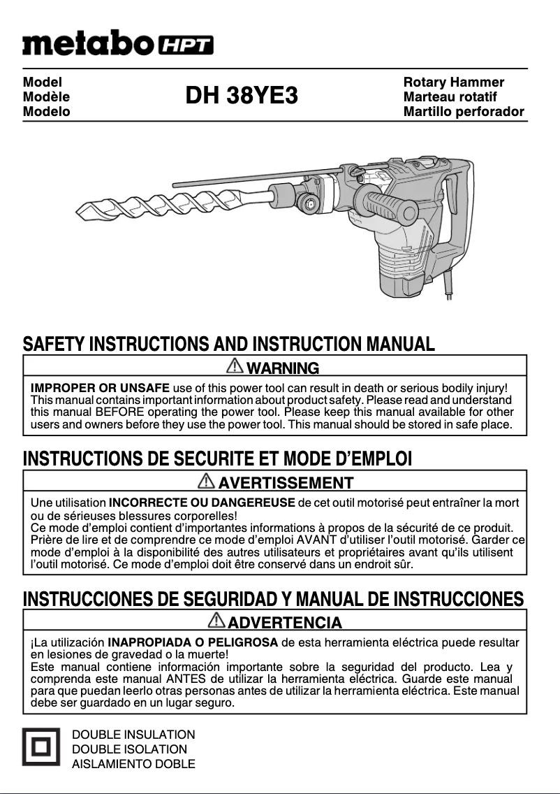 Page n°1 - Manuel utilisateur HiKOKI DH38YE3
