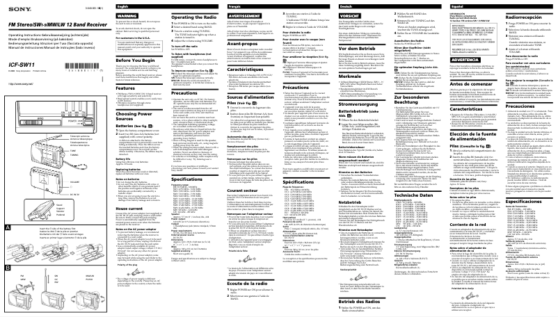 Image de la première page du manuel de l'appareil ICF-SW11