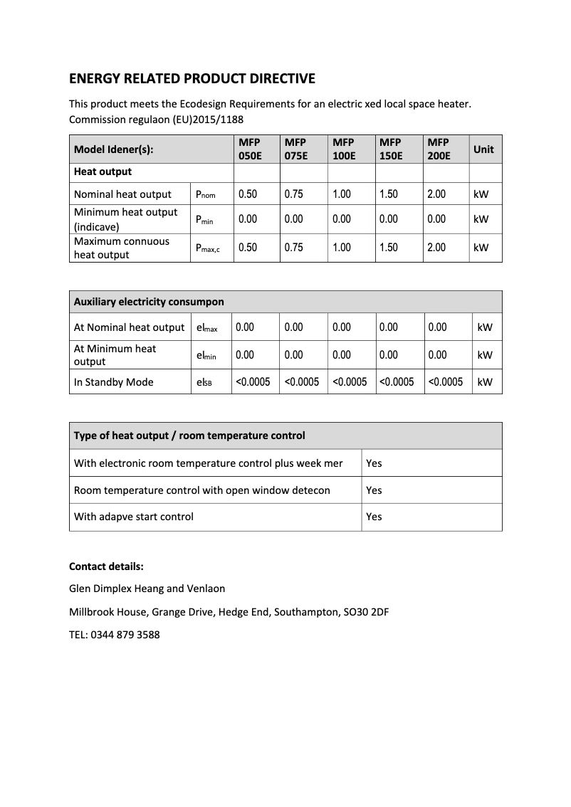 Page 1 de la notice Fiche technique Dimplex MFP100E