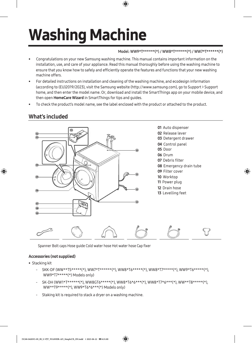 Page 1 de la notice Guide de démarrage rapide Samsung WW80T534DAE