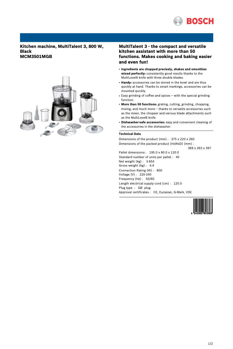Page n°1 - Fiche technique Bosch MCM3501MGB