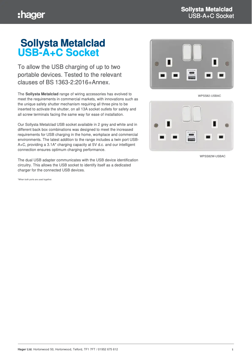 Page 1 de la notice Fiche technique Hager WPSS82W-USBAC