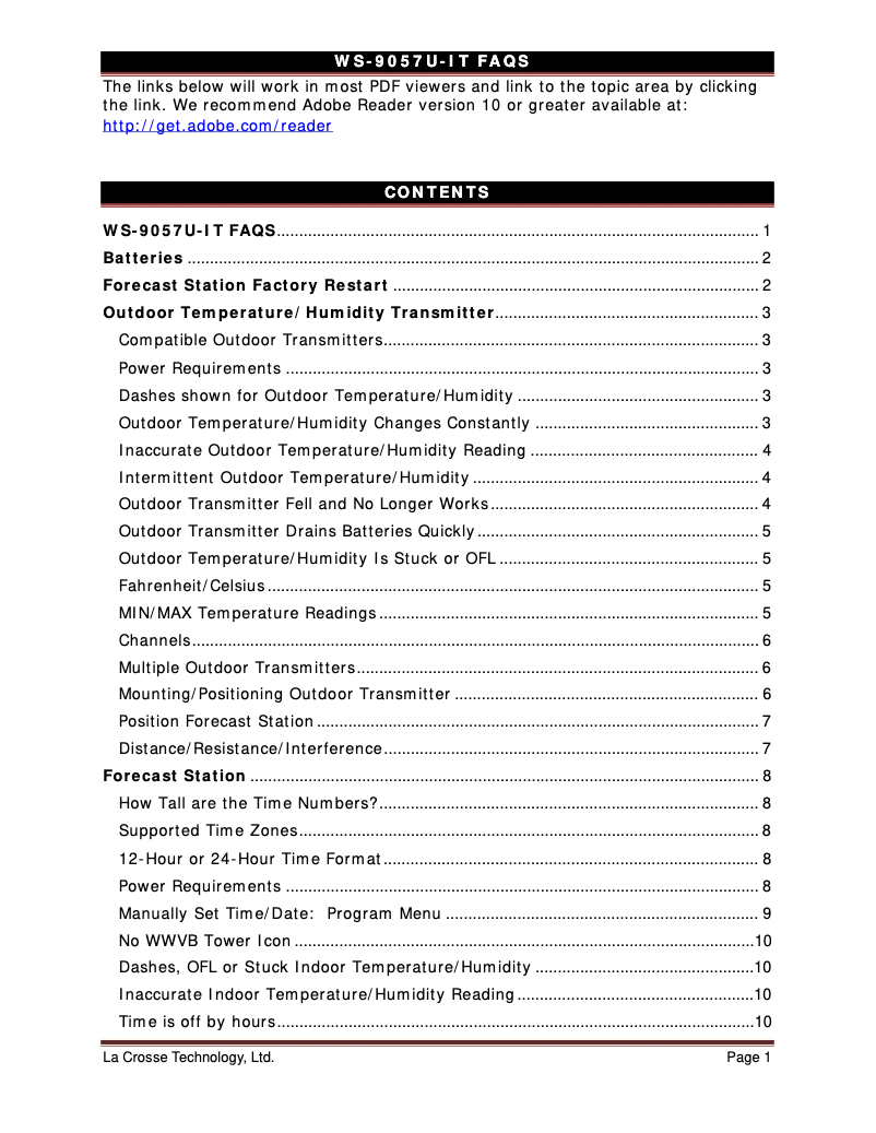 Page n°1 - FAQ La Crosse Technology WS-9057U-IT