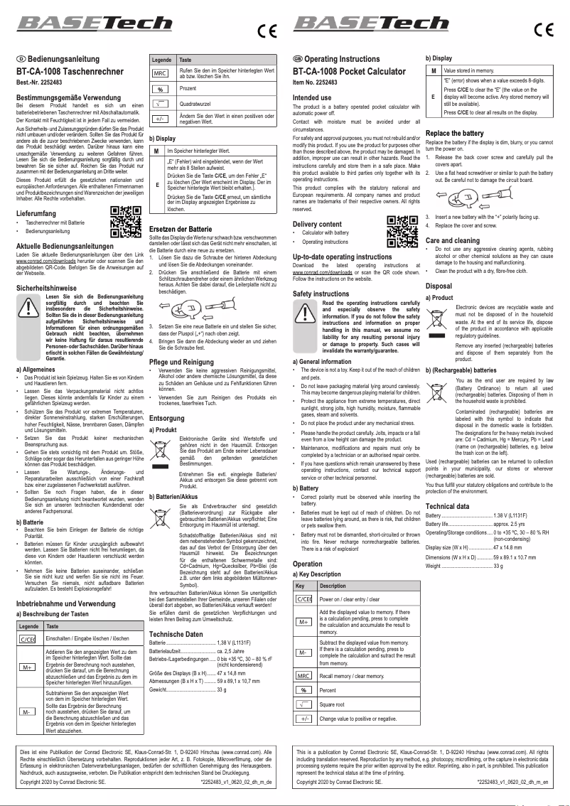 Page 1 de la notice Manuel utilisateur BaseTech BT-CA-1008