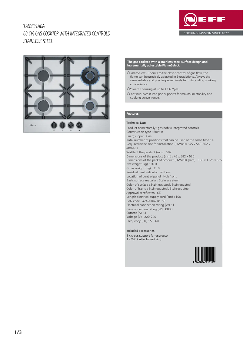 Página 1 del manual Ficha técnica Neff T26DS59N0A