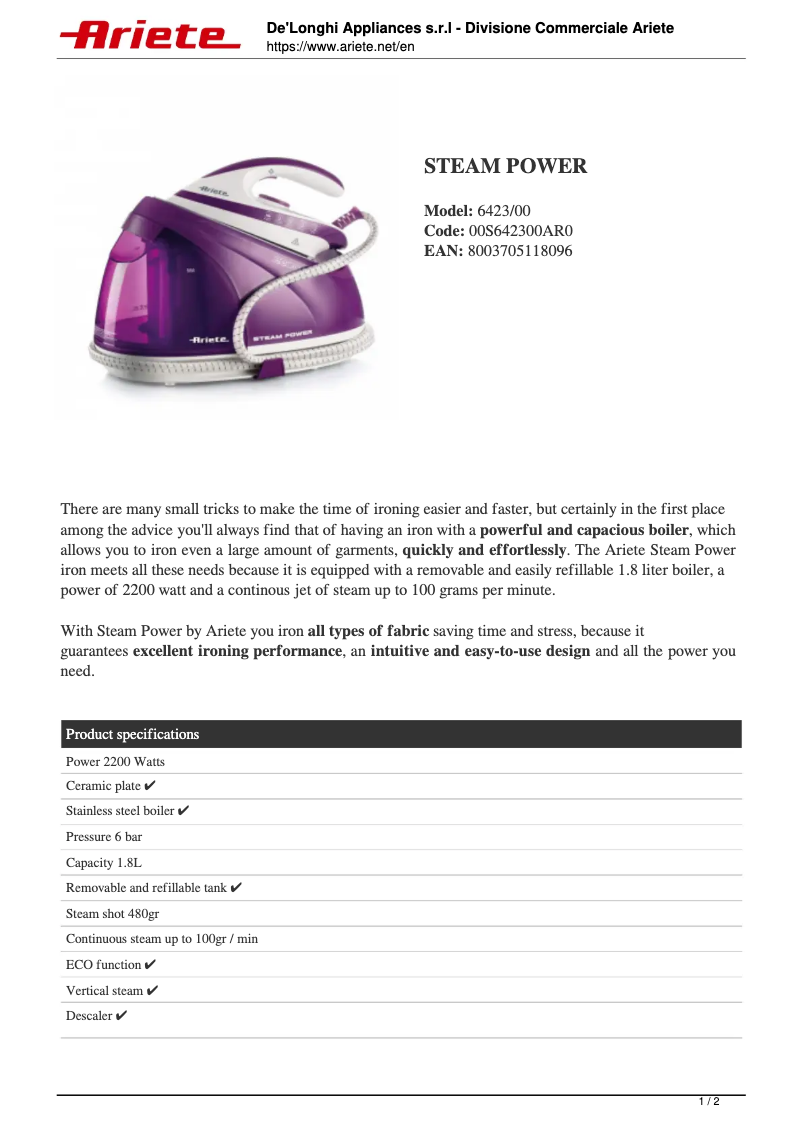 Image de la première page du manuel de l'appareil Steam Power 6423