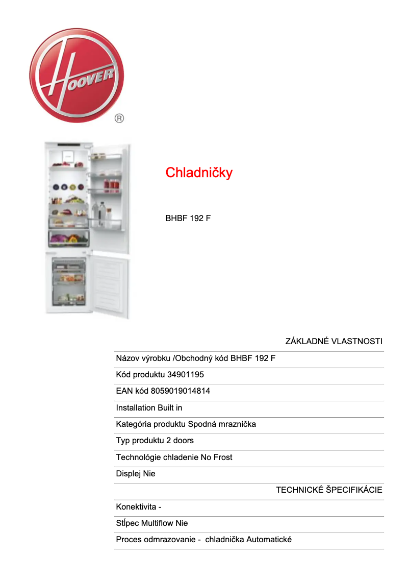 Página 1 del manual Ficha técnica Hoover BHBF 192 F