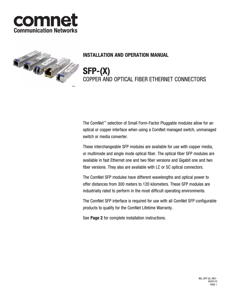 Page n°1 - Manuel utilisateur ComNet SFP-12A