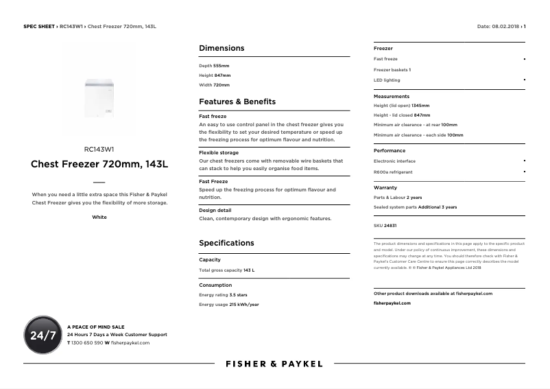 Page 1 de la notice Fiche technique Fisher & Paykel RC143W1