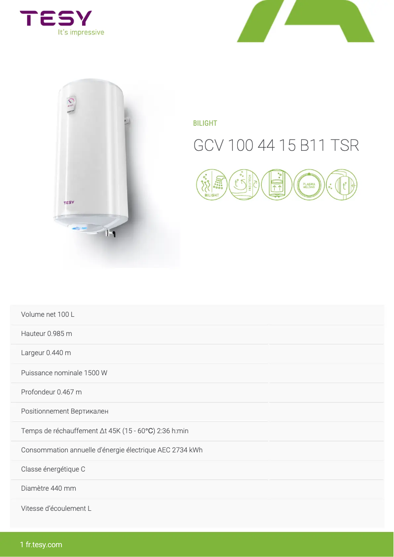 Page 1 de la notice Fiche technique Tesy BiLight 100