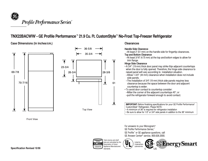 Página 1 del manual Ficha técnica GE Profile Performance TNX22BACLWW