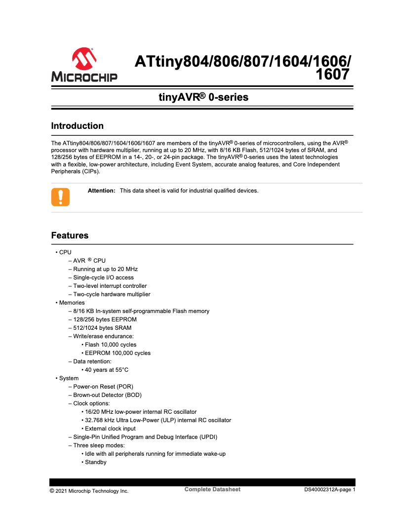 Page 1 de la notice Fiche technique Microchip ATTINY806