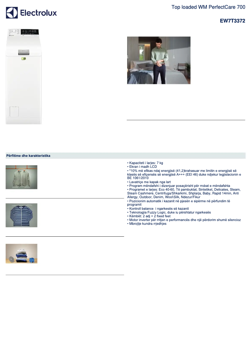 Page 1 de la notice Fiche technique Electrolux EW7T3372