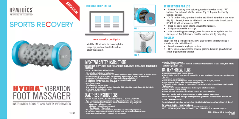 Page 1 de la notice Manuel utilisateur Homedics SR-HCF