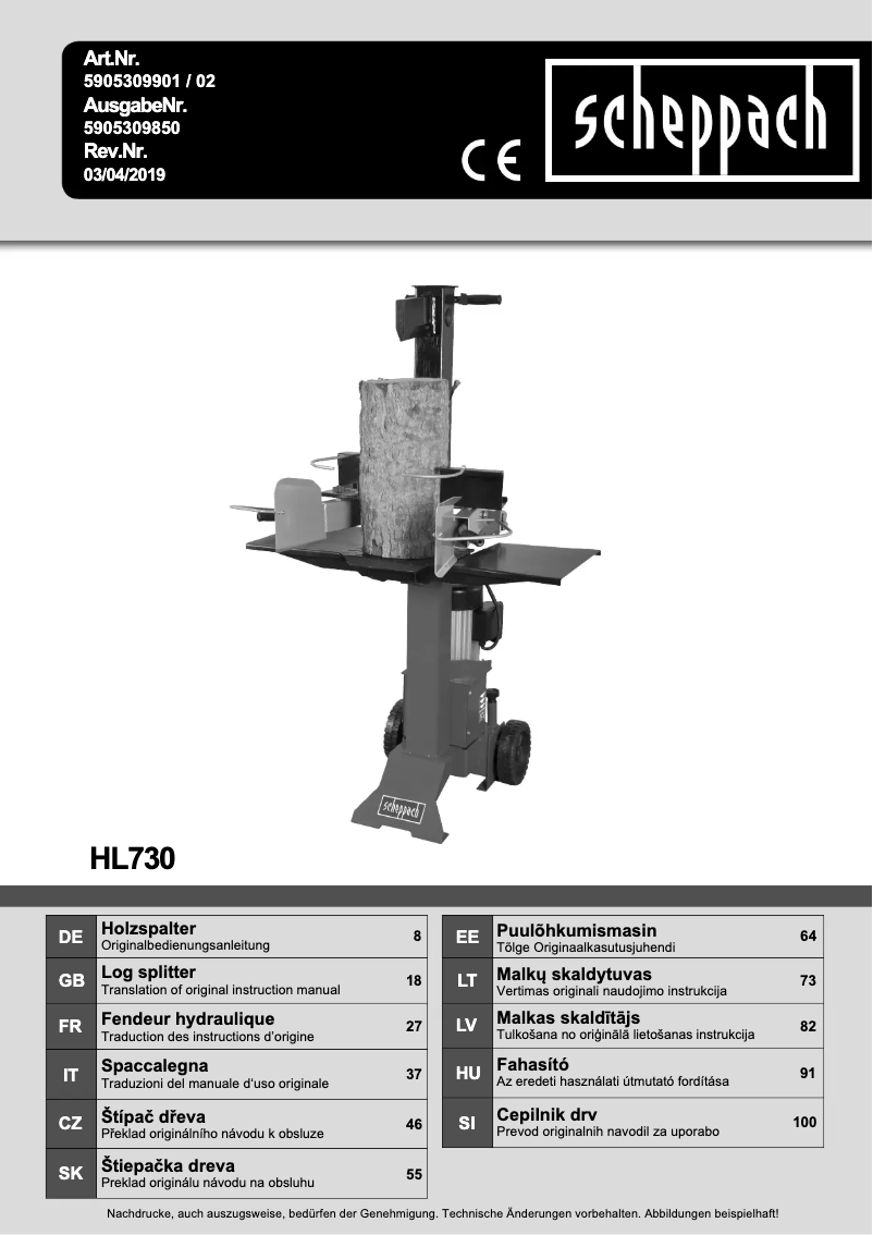 Page 1 de la notice Manuel utilisateur Scheppach Holzspalter