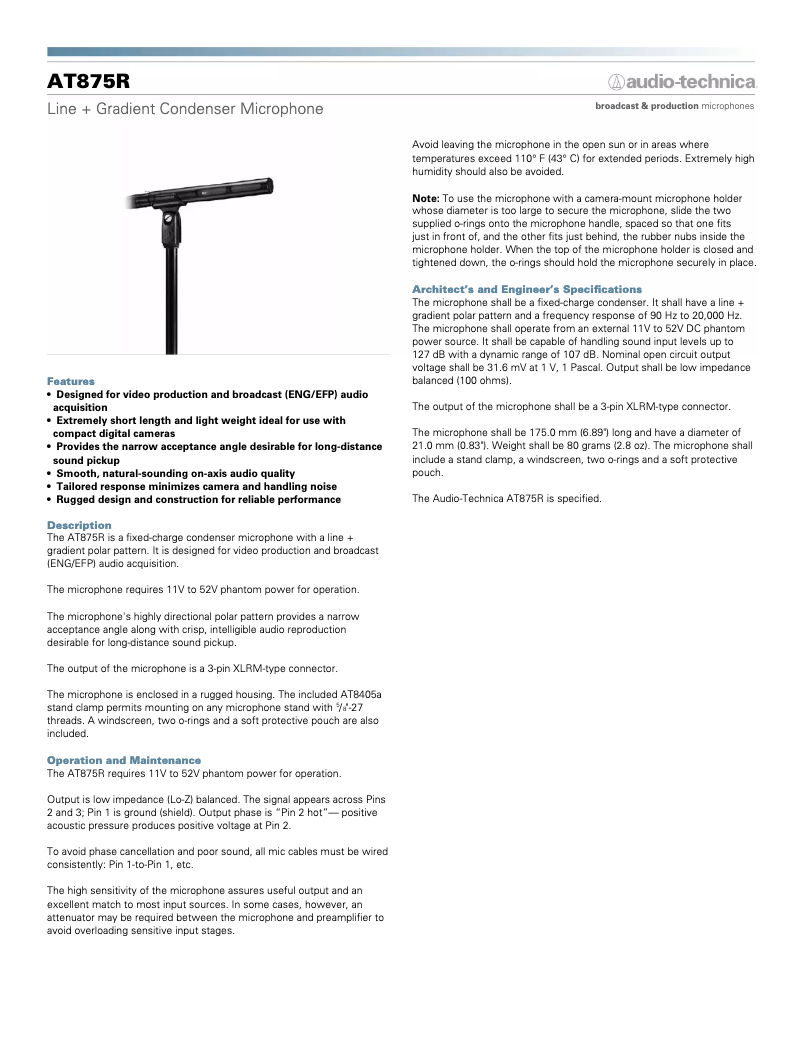 Page 1 de la notice Fiche technique Audio-Technica AT875R